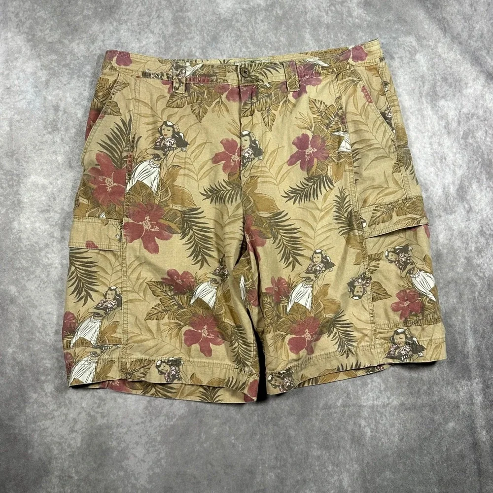 Island Shores Mens 38 Cargo Shorts Tan Tropical Hula Girl Hibiscus Cotton Floral